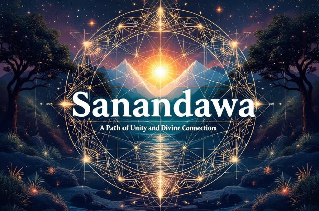 Colorful cosmic landscape with the word "Sanandawa" and glowing geometric patterns.